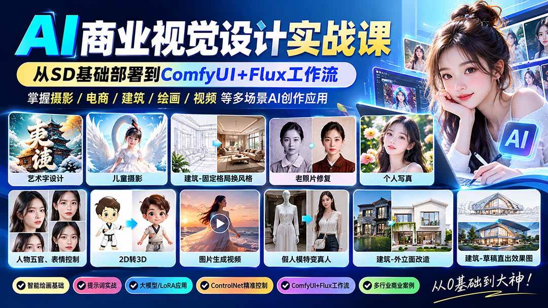 （20824期）【无水印】AI商业视觉设计实战课：从SD基础部署到ComfyUI+Flux工作流，掌握摄影电商建筑AI创作-优优云网创