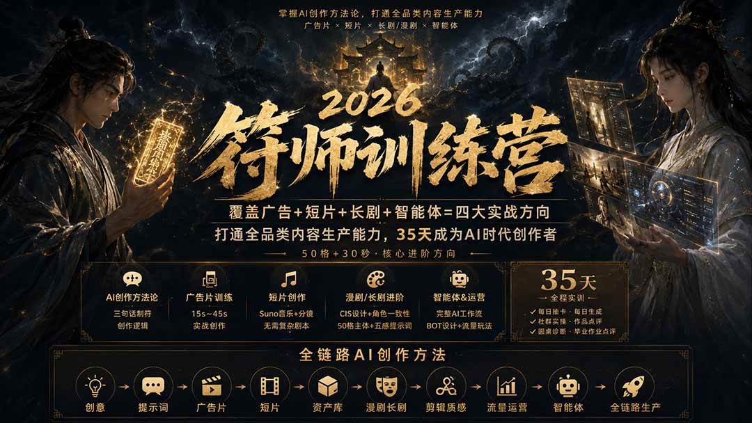 （20179期）符师训练营-35天成为AI时代创作者，广告+短片+漫剧+智能体四大实战方向，掌握从创意到上线的完整工作流-优优云网创