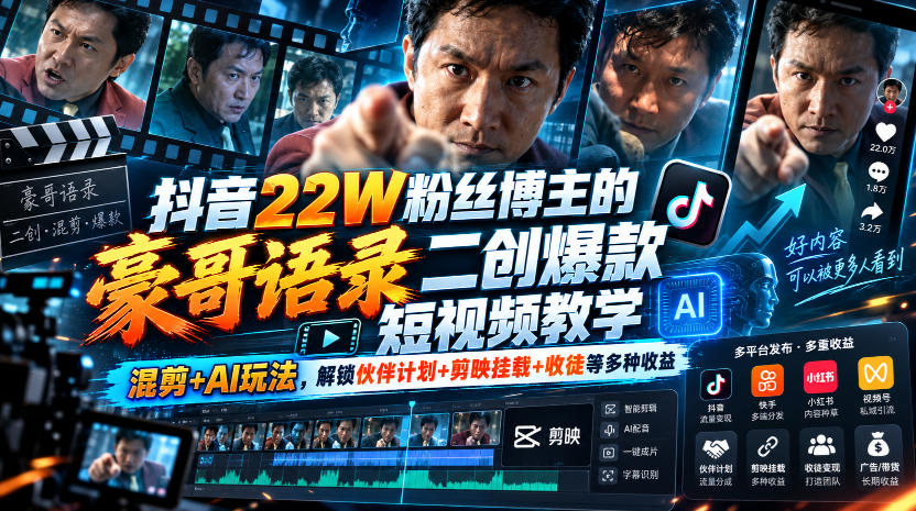 抖音22W粉丝博主的豪哥语录二创爆款短视频教学，混剪+AI玩法，解锁伙伴计划+剪映挂载+收徒等多种收益-优优云网创