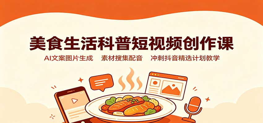 美食生活科普短视频创作课：AI文案图片生成，素材搜集配音，冲刺抖音精选计划教学-优优云网创