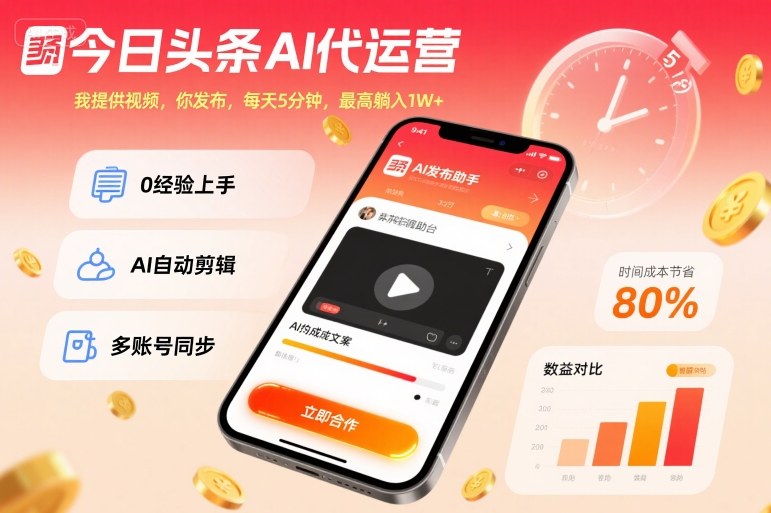 今日头条AI代运营，我提供视频，你发布，每天5分钟，最高躺入1W+【揭秘】-优优云网创