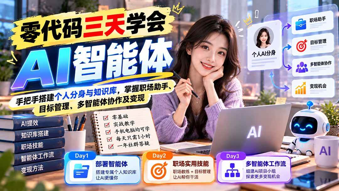 （20978期）【无水印】零代码三天学会AI智能体：手把手搭建个人分身与知识库，掌握职场助手、目标管理、多智能体协作及变现-优优云网创
