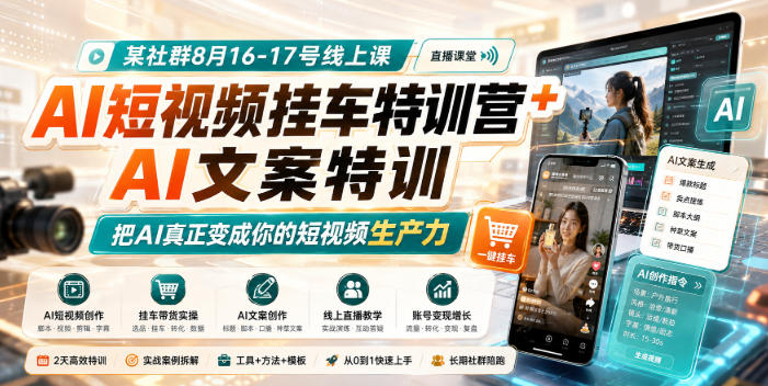 某社群8月16-17号线上课，AI短视频挂车特训营+AI文案特训，把AI真正变成你的短视频生产力-优优云网创