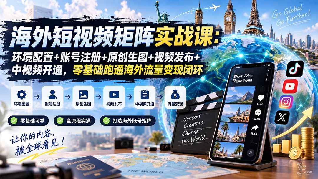 (20470期)海外短视频矩阵实战课:环境配置+账号注册+原创生图+视频发布+中视频开通,零基础跑通海外流量变现闭环-优优云网创