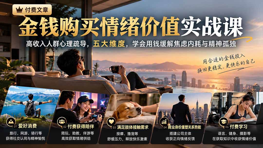 （20941期）付费文章：金钱购买情绪价值实战课｜高收入人群心理疏导，五大维度，学会用钱缓解焦虑内耗与精神孤独-优优云网创