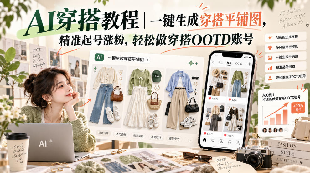 AI穿搭教程｜一键生成穿搭平铺图，精准起号涨粉，轻松做穿搭OOTD账号-优优云网创
