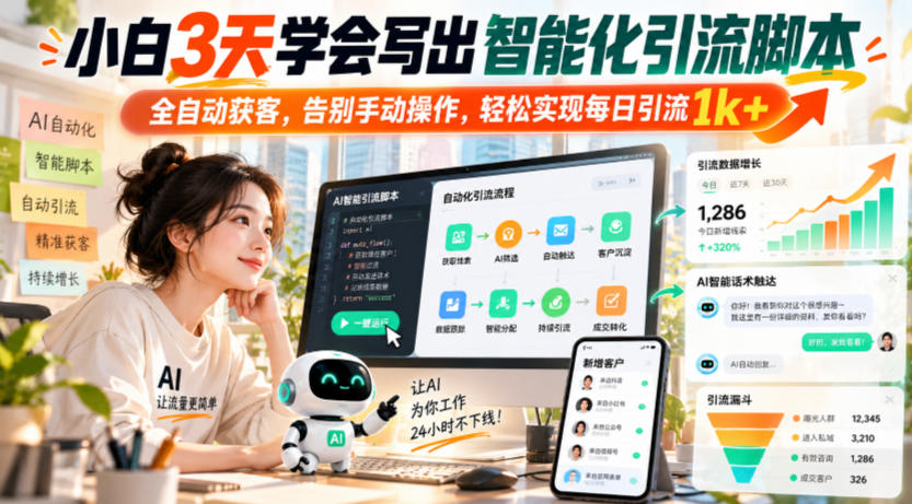 小白3天学会写出智能化引流脚本，全自动获客，告别手动操作，轻松实现每日引流1k+-优优云网创