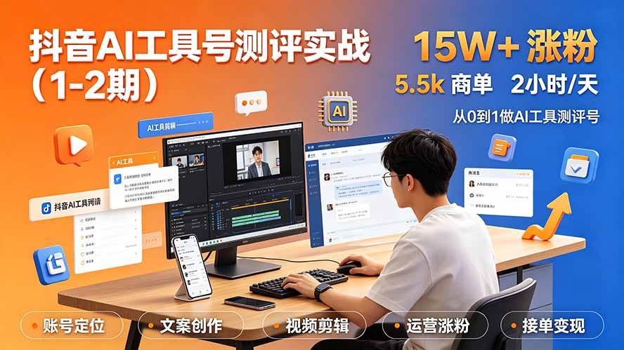 (19380期)抖音AI工具号测评实战(1-2期):单号涨粉15W+×商单5.5k×伙伴计划×普通人可复制,每天2小时长期可持续-优优云网创