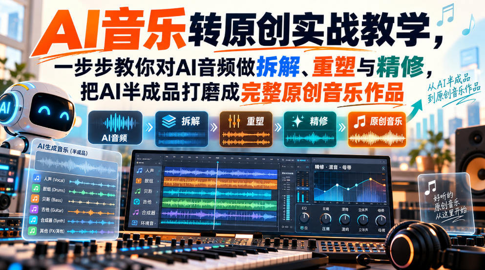 AI音乐转原创实战教学，一步步教你对AI音频做拆解、重塑与精修，把AI半成品打磨成完整原创音乐作品-优优云网创