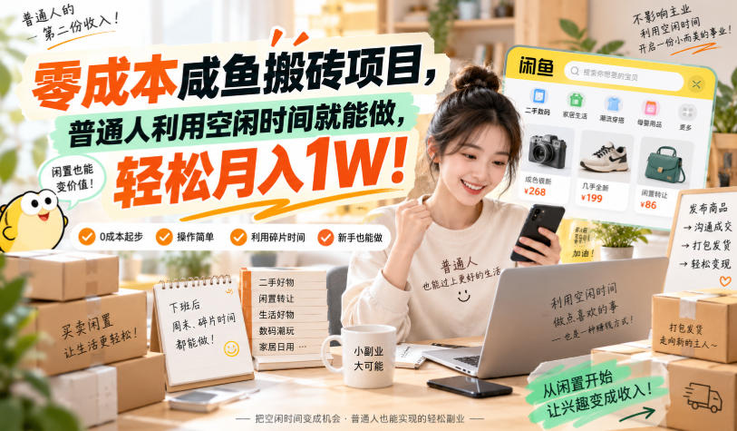 零成本咸鱼搬砖项目，普通人利用空闲时间就能做，轻松月入1W！【揭秘】-优优云网创