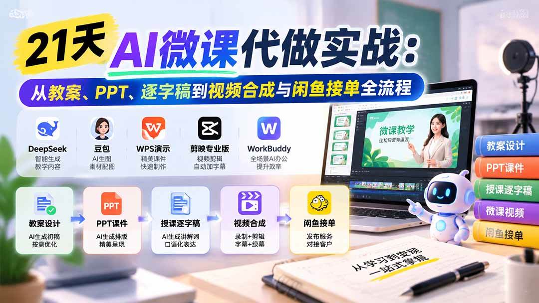 （21065期）21天AI微课代做实战：从教案、PPT、逐字稿到视频合成与闲鱼接单全流程-优优云网创