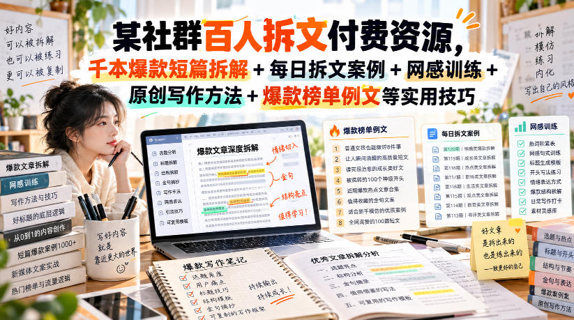 某社群百人拆文付费资源，千本爆款短篇拆解+每日拆文案例+网感训练+原创写作方法+爆款榜单例文等实用技巧(持续更新)-优优云网创