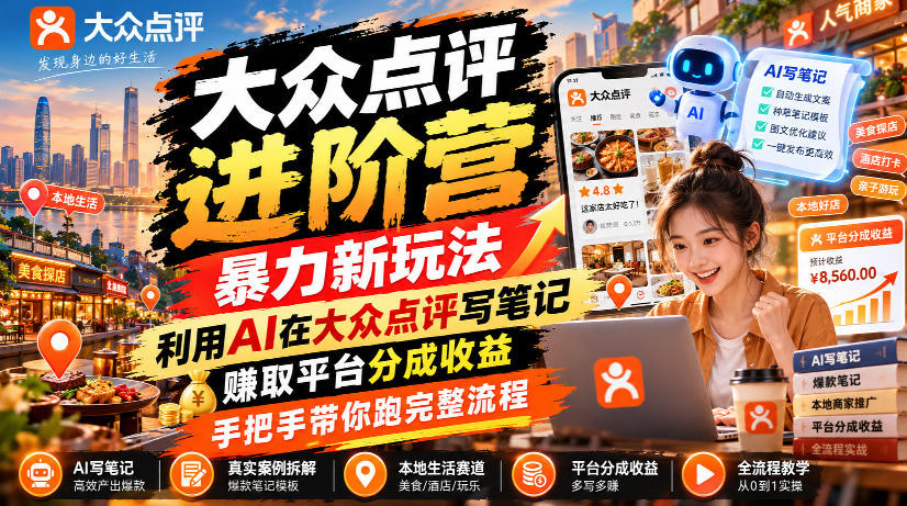 大众点评进阶营，暴力新玩法，利用AI在大众点评写笔记， 賺取平台分成收益，手把手带你跑完整流程-优优云网创