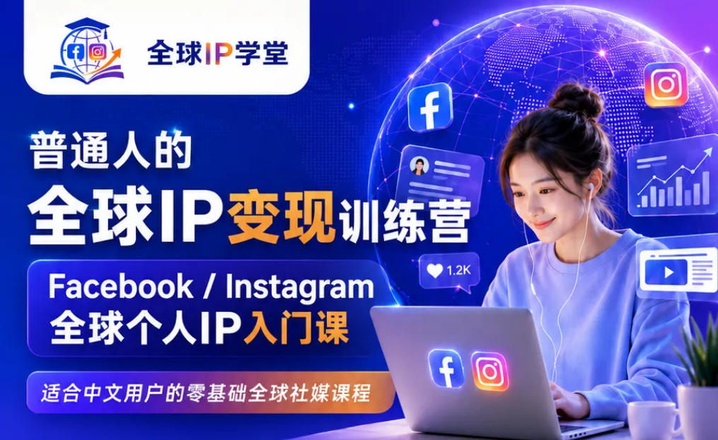 普通人的全球IP变现训练营，Facebook/Instagram全球个人IP入门课，零基础全球社媒课程-优优云网创