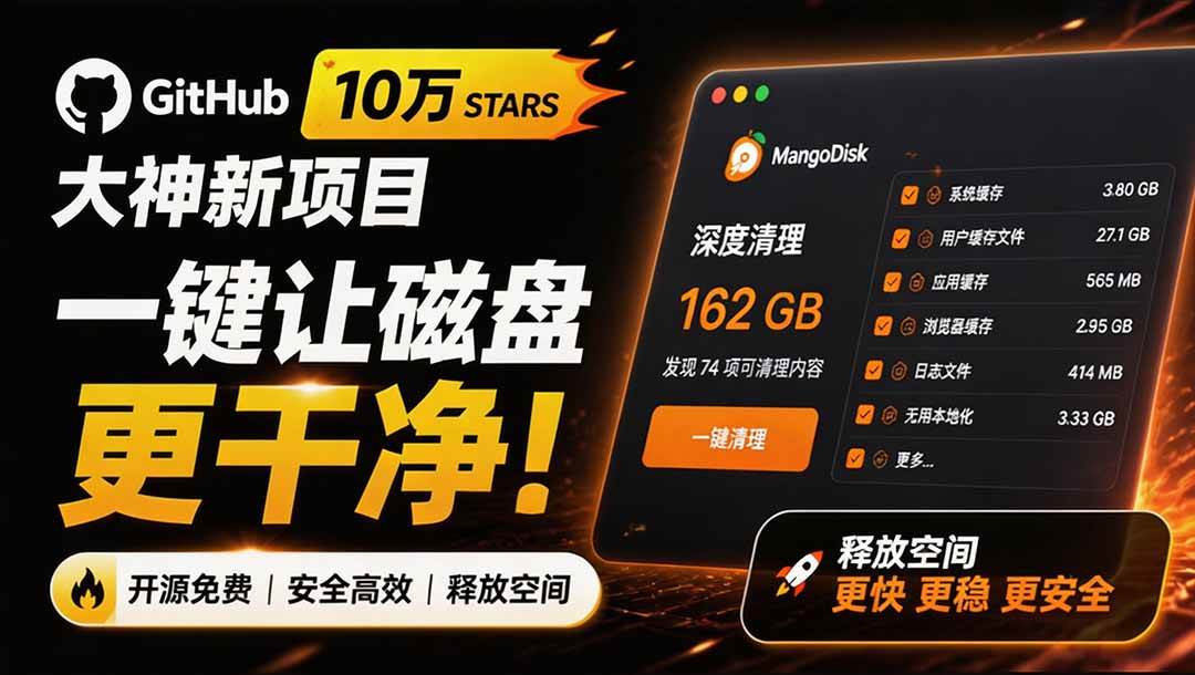 （19894期）在Gtihub上做出10万 stars 的大神，又发布新项目了！一键让磁盘更干净，开源免费清理工具 MangoDisk-优优云网创