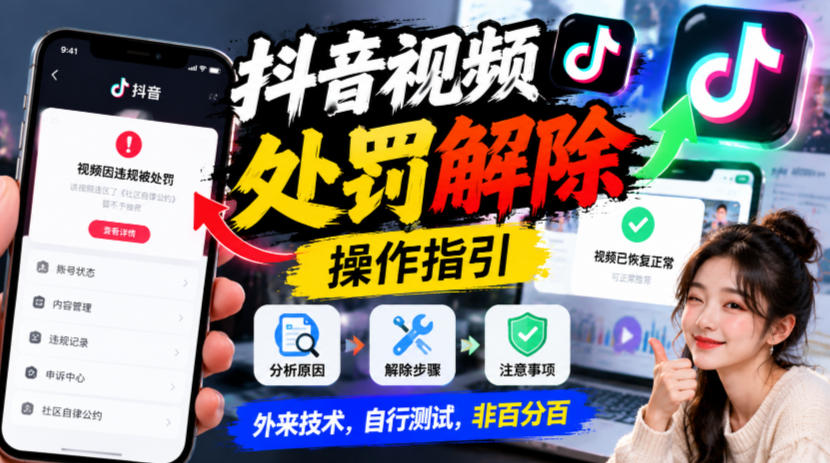 抖音视频处罚解除操作指引，外来技术，自行测试，非百分百-优优云网创