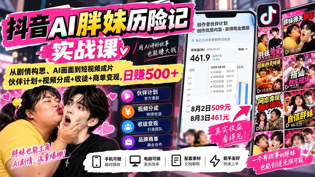（20489期）抖音AI胖妹历险记实战课：从剧情构思、AI画面到短视频成片，伙伴计划+视频分成+收徒+商单变现，日赚500+-优优云网创