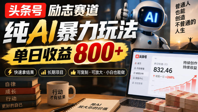 头条号励志赛道，纯AI暴力玩法，单日收益800+，快速拿结果，长期项目-优优云网创
