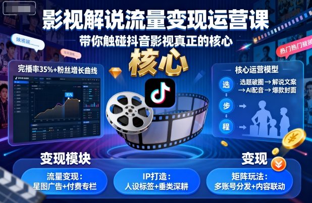 影视解说流量变现运营课，带你触碰抖音影视真正的核心-优优云网创