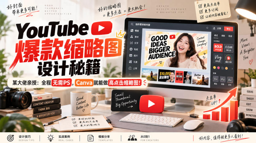 YouTube爆款缩略图设计秘籍，某油管大佬（610万订阅者）亲授，全程无需PS，Canva就能做高点击缩略图！【原创双语字幕】-优优云网创