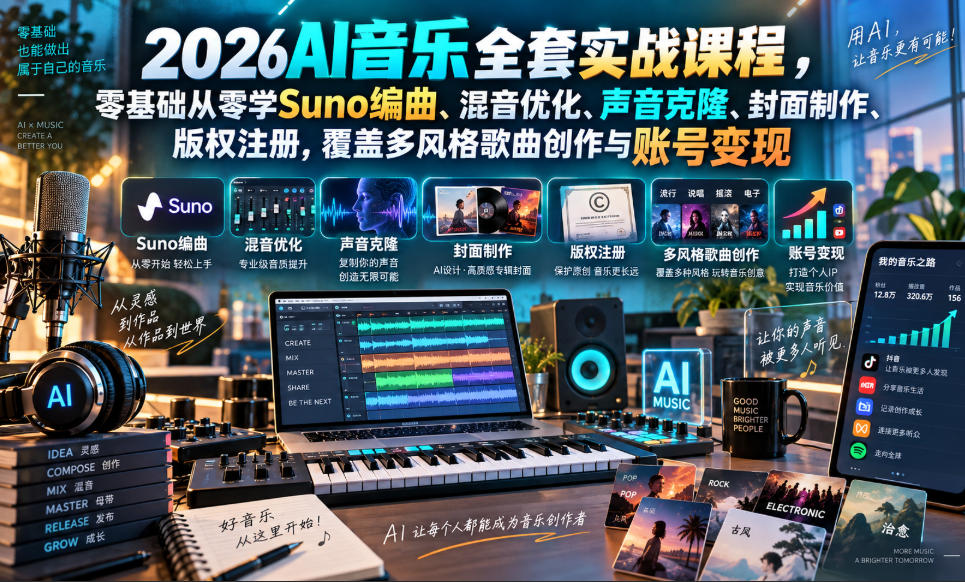 2026AI音乐实战课程，零基础从零学Suno编曲、混音优化、声音克隆、版权注册，覆盖多风格歌曲创作与账号变现-优优云网创