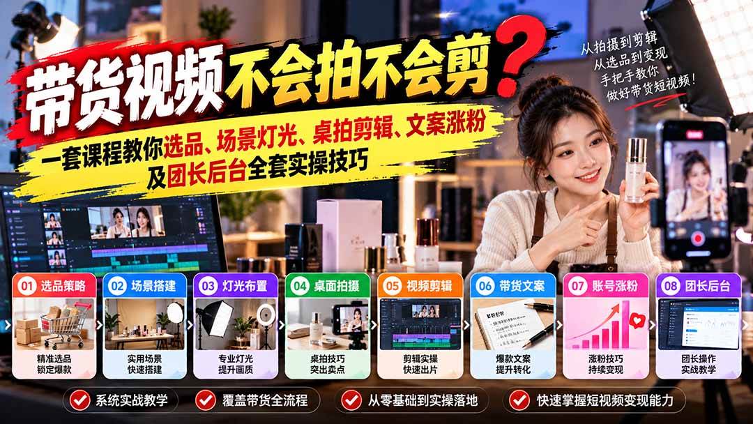 （20980期）带货视频不会拍不会剪？一套课程教你选品、场景灯光、桌拍剪辑、文案涨粉及团长后台全套实操技巧 复制标题-优优云网创