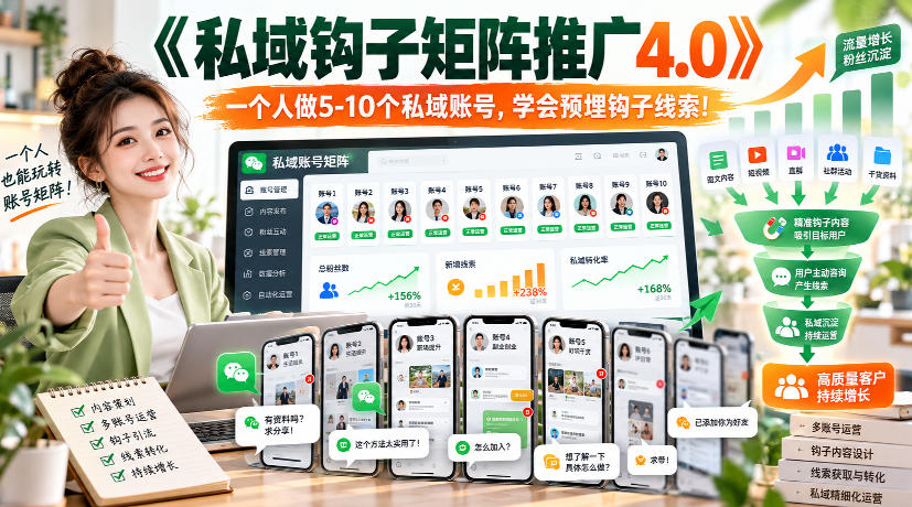 【无水印】《私域钩子矩阵推广4.0》一个人做5-10个私域账号，学会预埋钩子线索！-优优云网创
