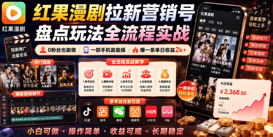 红果漫剧拉新营销号盘点玩法全流程实战，0粉丝也能做，一部手机就能做，爆一条单日收益2k+（更新0922）-优优云网创