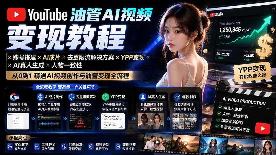 （20649期）YouTube油管AI视频变现教程-更新0926：账号搭建×AI成片×去重限流解决方案×YPP变现×AI真人生成×人物一致性-优优云网创
