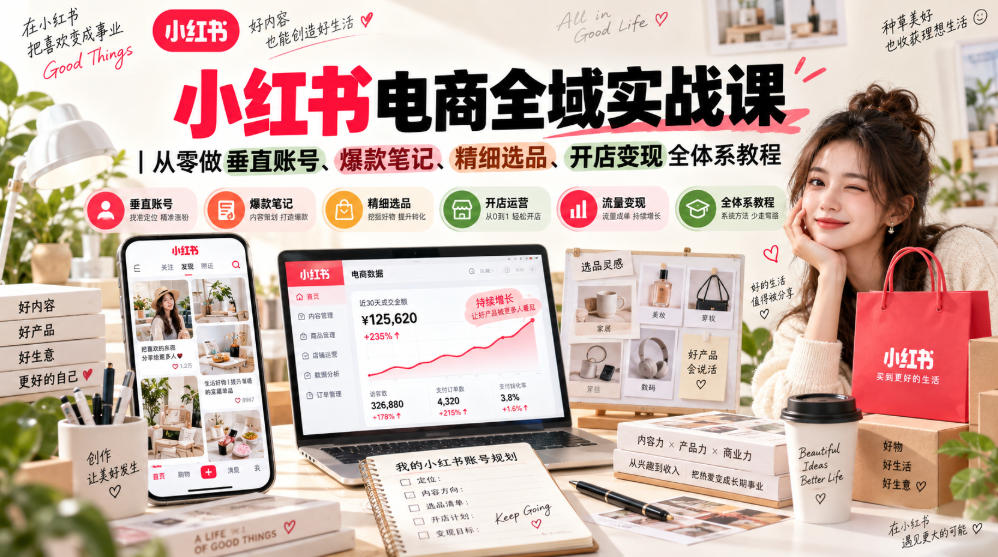 小红书电商全域实战课｜从零做垂直账号、爆款笔记、精细选品、开店变现全体系教程-优优云网创
