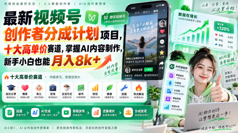 最新视频号创作者分成计划项目，十大高单价赛道，掌握AI内容制作，新手小白也能月入8k+-优优云网创