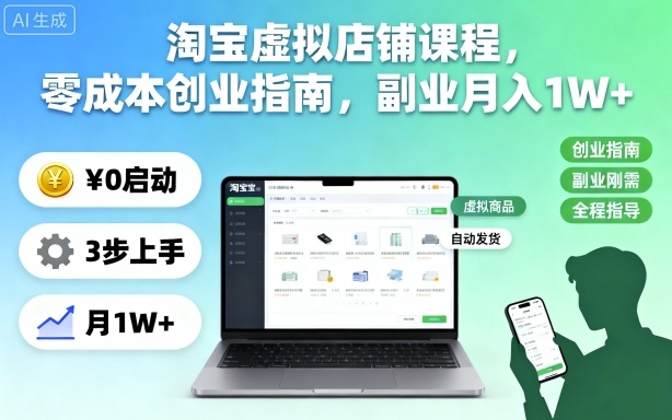 淘宝虚拟店铺课程,零成本创业指南,副业月入1W+-优优云网创