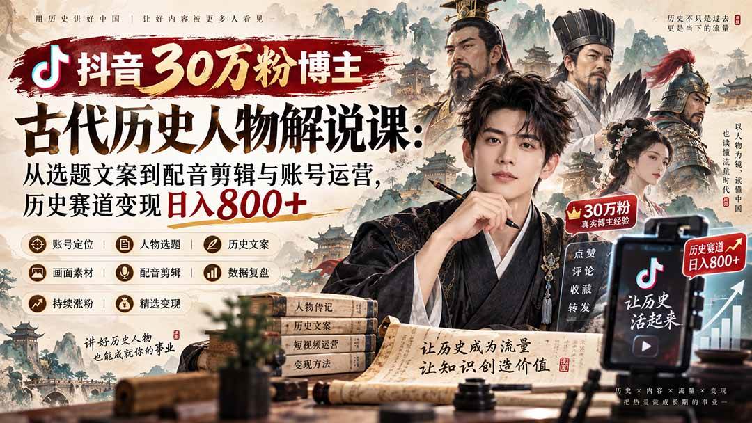 （20441期）抖音30万粉博主古代历史人物解说课：从选题文案到配音剪辑与账号运营，历史赛道变现日入800+-优优云网创