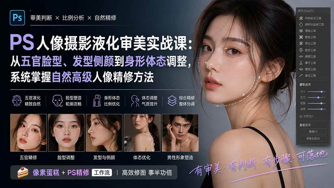 （20062期）PS人像摄影液化审美实战课：从五官脸型、发型侧颜到身形体态调整，系统掌握自然高级人像精修方法-优优云网创