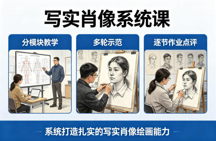 写实肖像系统课，全程分模块教学+多轮示范+逐节作业点评，系统打造扎实的写实肖像绘画能力-优优云网创