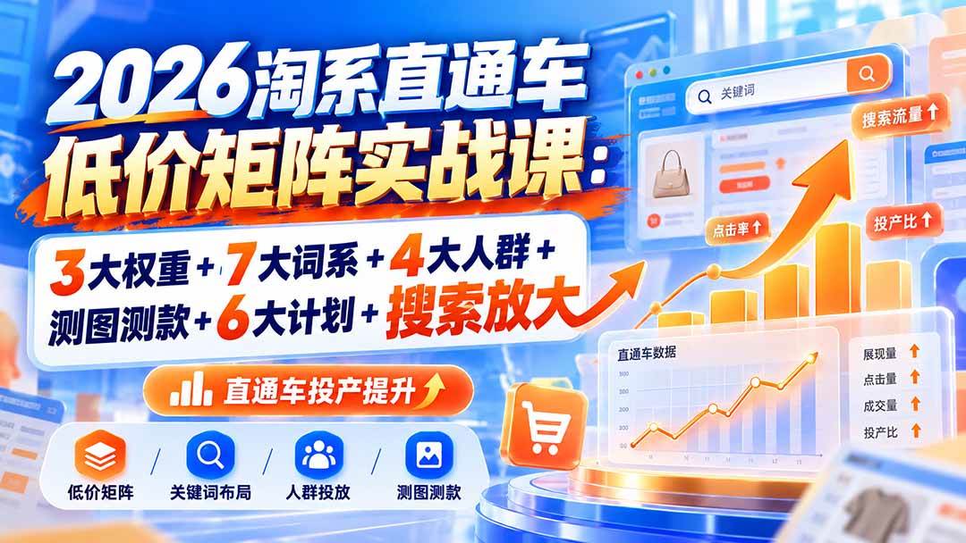 （20761期）2026淘系直通车低价矩阵实战课：3大权重+7大词系+4大人群+测图测款+6大计划+搜索放大-优优云网创