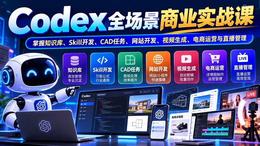 （20712期）【无水印】Codex全场景商业实战课：掌握知识库、Skill开发、CAD任务、网站开发、视频生成、电商运营与直播管理-优优云网创