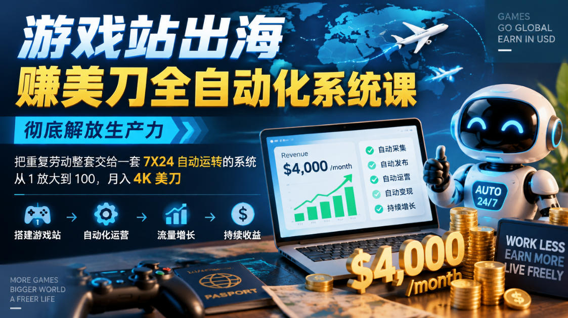 游戏站出海賺美刀全自动化系统课，彻底解放生产力–把重复劳动整套交给一套7X24自动运转的系统，从1放大到100，月入4K美刀-优优云网创