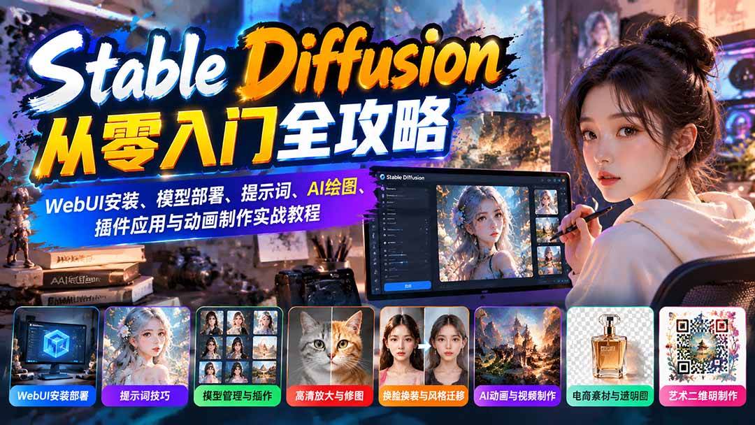 （21062期）Stable Diffusion从零入门全攻略：WebUI安装、模型部署、提示词、AI绘图、插件应用与动画制作实战教程-优优云网创