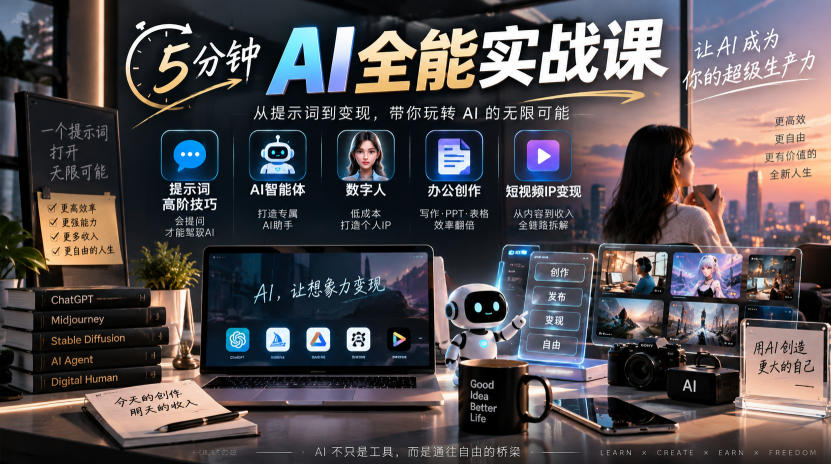 5分钟AI全能实战课｜提示词高阶技巧+AI智能体+数字人+办公创作+短视频IP变现全教程-优优云网创