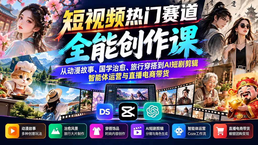 （20956期）短视频热门赛道全能创作课：从动漫故事、国学治愈、旅行穿搭到AI短剧剪辑、智能体运营与直播电商带货-优优云网创