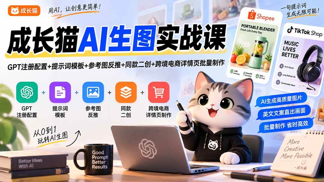 （20482期）成长猫AI生图实战课｜GPT注册配置+提示词模板+参考图反推+同款二创+跨境电商详情页批量制作-优优云网创