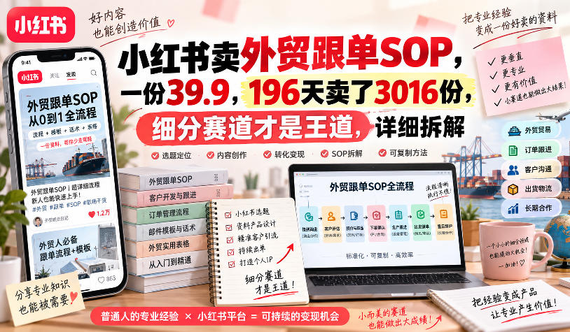 小红书卖外贸跟单sop，一份39.9，196天卖了3016份，细分赛道才是王道，详细拆解-优优云网创
