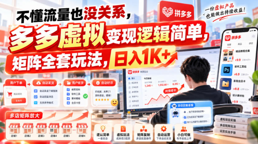 不懂流量也没关系，多多虚拟变现逻辑简单，矩阵全套玩法，日入1K+【揭秘】-优优云网创