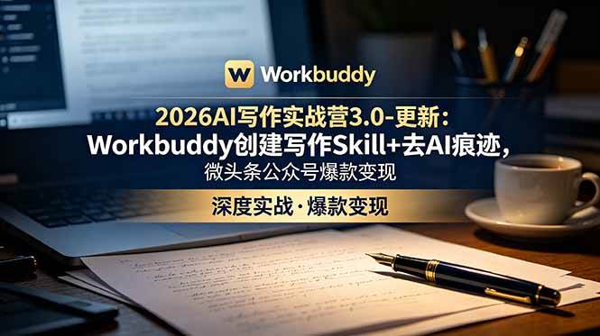 (18995期)2026AI写作实战营3.0-更新:Workbuddy创建写作Skill+去AI痕迹,微头条公众号爆款变现-优优云网创