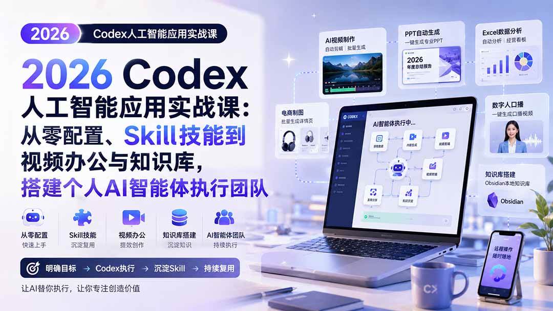 （20067期）2026 Codex人工智能应用实战课：从零配置、Skill技能到视频办公与知识库，搭建个人AI智能体执行团队-优优云网创