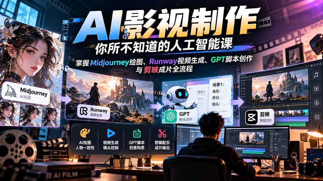 (20681期)AI影视制作-你所不知道的人工智能课,掌握Midjourney绘图、Runway视频生成、GPT脚本创作与剪映成片全流程 (20681期)AI影视制作-你所不知道的人工智能课,掌握Midjourney绘图、Runway视频生成、GPT脚本创作与剪映成片全流程
