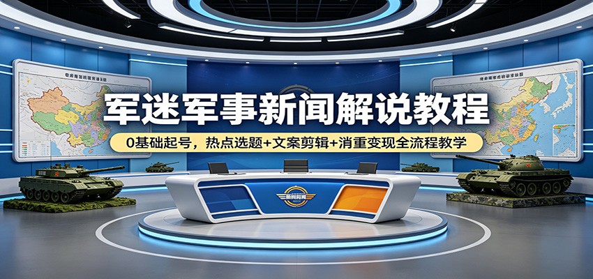 军迷军事新闻解说教程：0基础起号，热点选题+文案剪辑+消重变现全流程教学-优优云网创