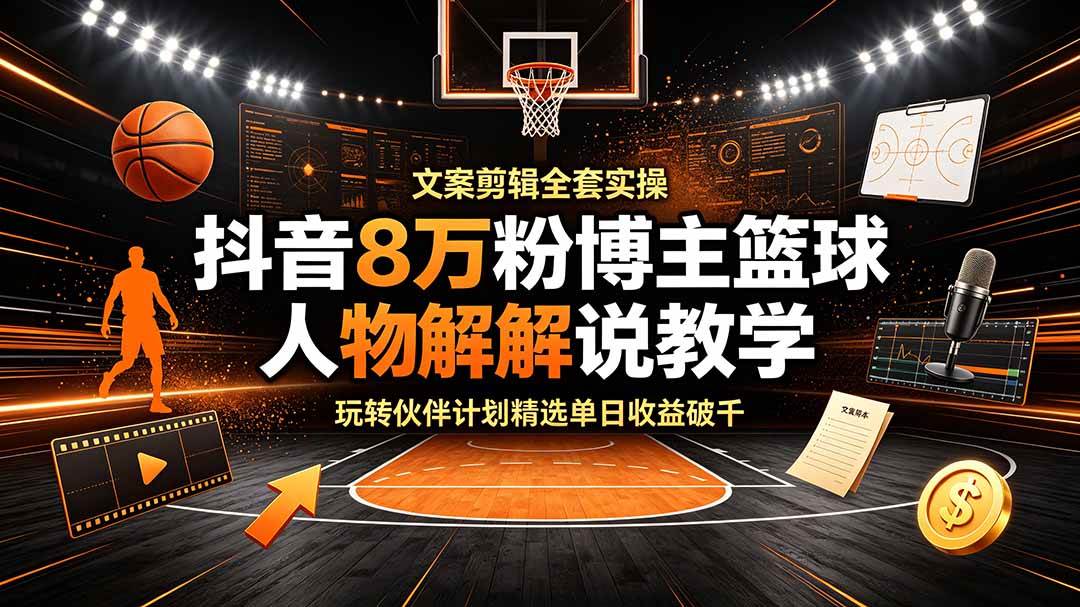 （19135期）抖音8万粉博主篮球人物解说教学，文案剪辑全套实操，玩转伙伴计划精选单日收益破千-优优云网创