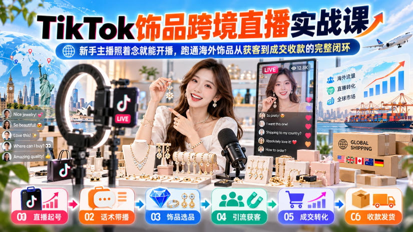 TikTok饰品跨境直播实战课，新手主播照着念就能开播，跑通海外饰品从获客到成交收款的完整闭环-优优云网创